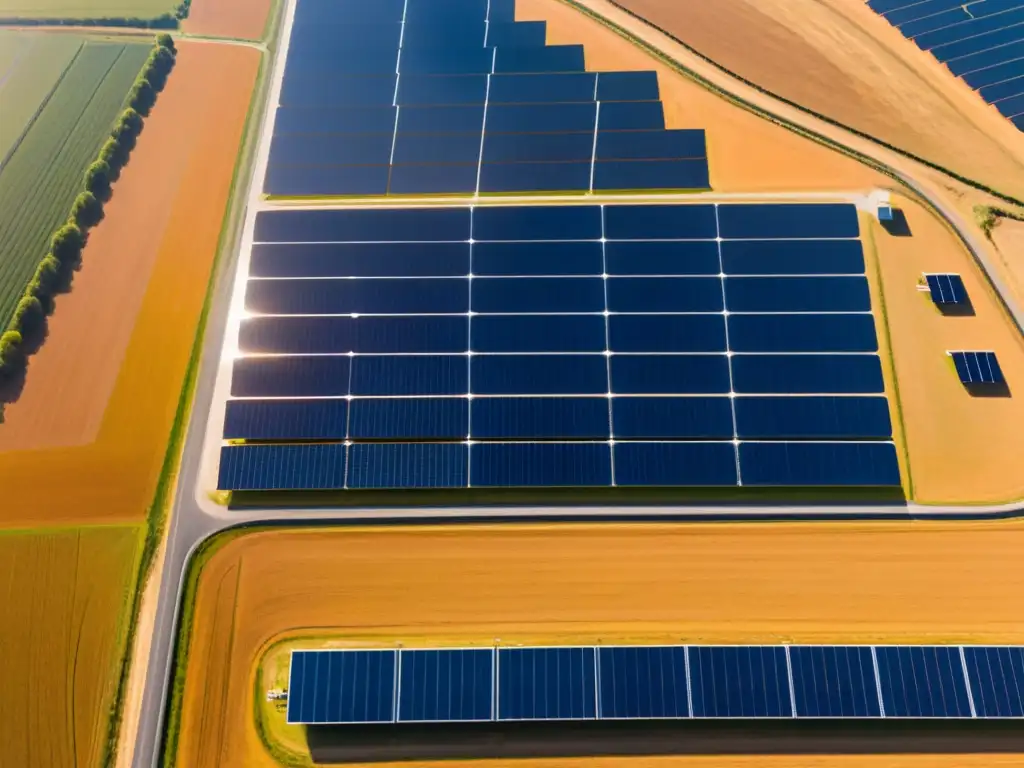 Vista aérea impactante de granja solar con paneles relucientes, promesa de energías renovables y transformación del paisaje futuro