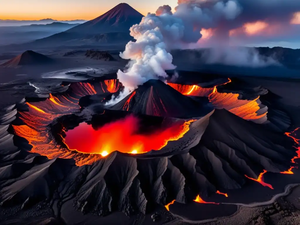 Vista aérea impactante de un paisaje volcánico con energía volcánica sostenible, lava roja y vapor ascendente, bajo un cielo vibrante al atardecer