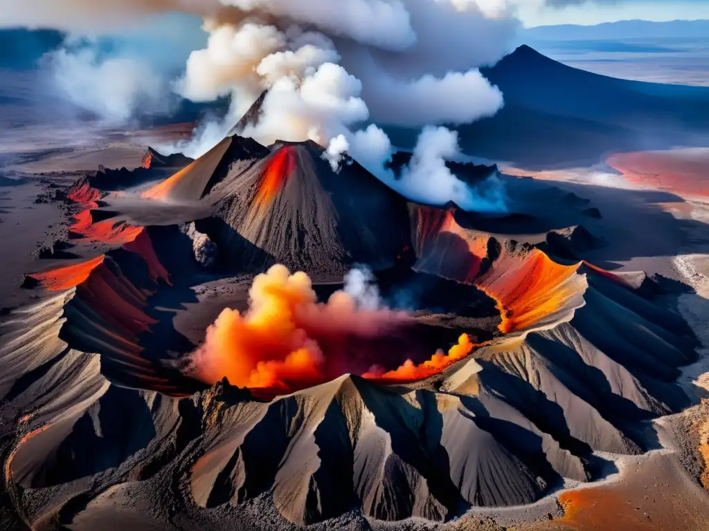 Vista aérea impactante de un paisaje volcánico con humo y vapor emanando de un volcán activo