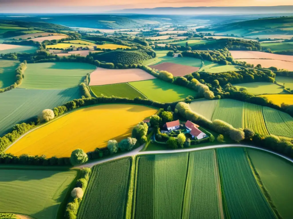 Vista aérea impactante de paisaje rural bañado en cálido sol dorado