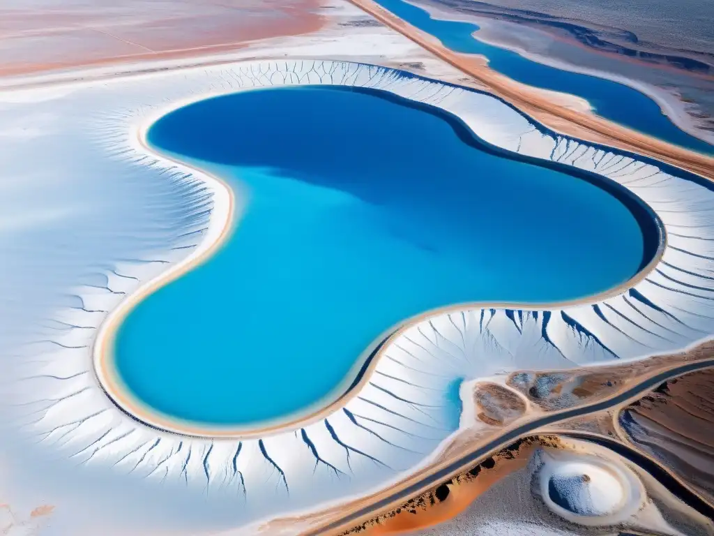 Vista aérea impactante de sitio de extracción de litio, con piscinas de evaporación reflejando la luz solar