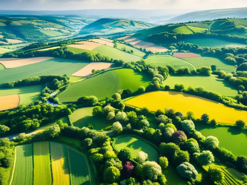 Una vista aérea impresionante de un exuberante paisaje rural, con colinas onduladas, ríos serpenteantes y grupos de árboles que crean un mosaico de belleza natural