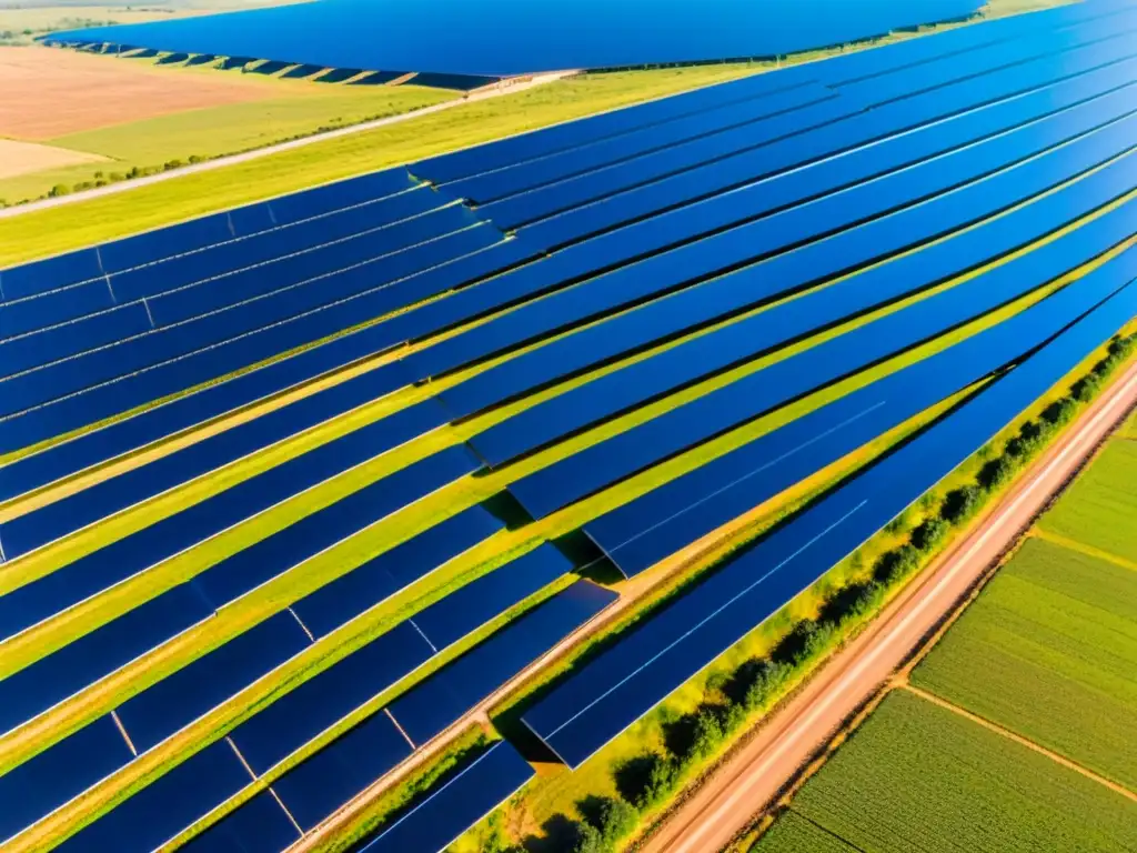 Vista aérea impresionante de una granja solar con paneles relucientes captando la luz del sol en simetría perfecta