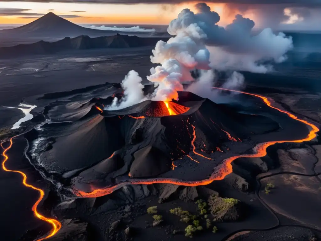 Una vista aérea impresionante de un paisaje volcánico con nubes de vapor y flujos de lava vibrantes