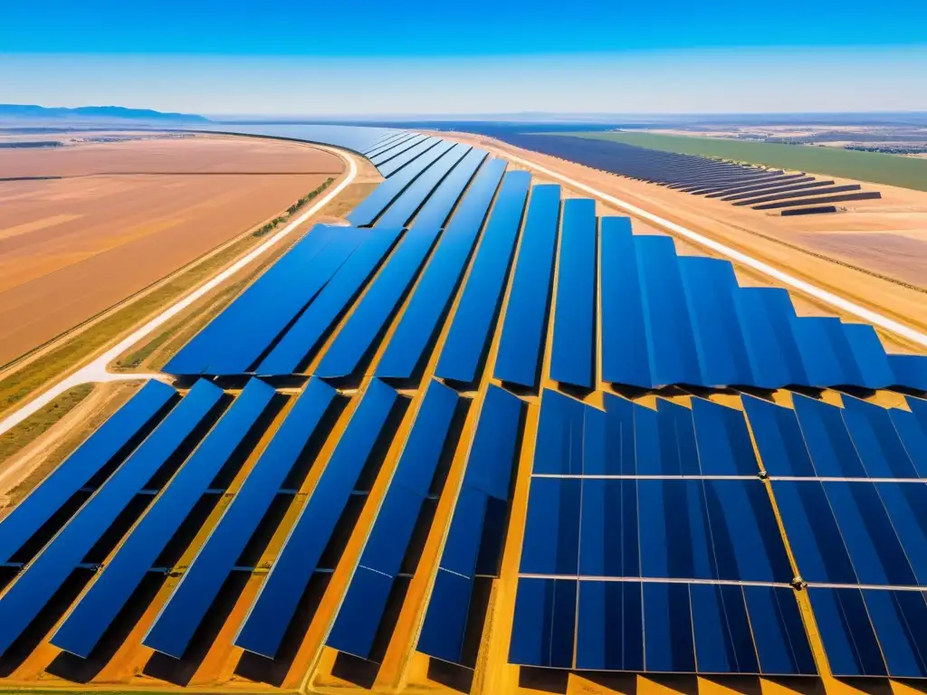 Vista aérea impresionante de una planta solar futurista con paneles reflectantes bajo cielo azul