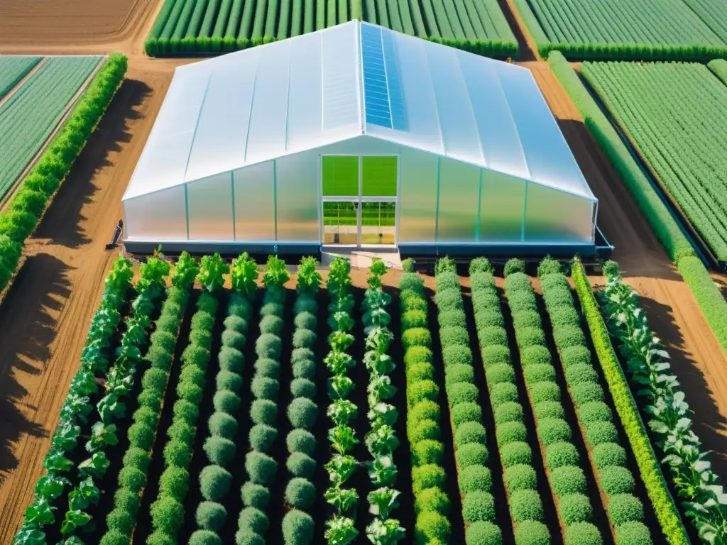 Vista aérea de instalaciones agrícolas de alta tecnología con cultivos verdes, robots y sensores