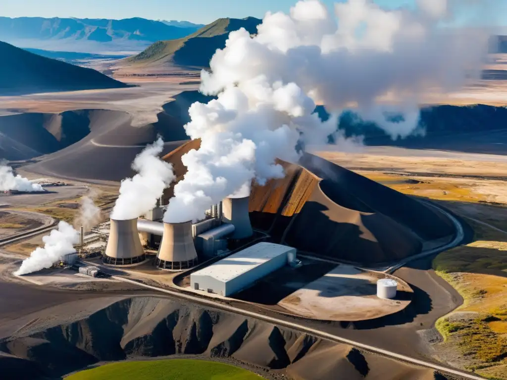 Vista aérea de planta geotérmica integrada en paisaje salvaje, potenciando nanotecnología energía geotérmica