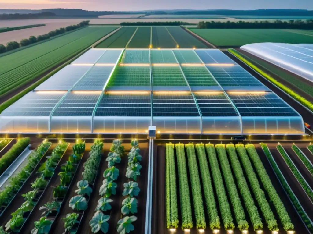 Vista aérea de invernadero automatizado con tecnología de IA en agricultura, maquinaria avanzada y cultivos exuberantes bajo luces artificiales