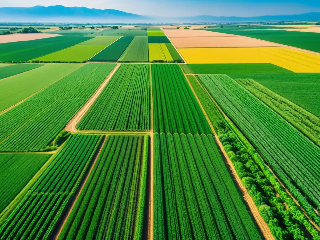 Una vista aérea de un paisaje agrícola exuberante con integración de IA en agricultura, destacando la tecnología y armonía con la naturaleza