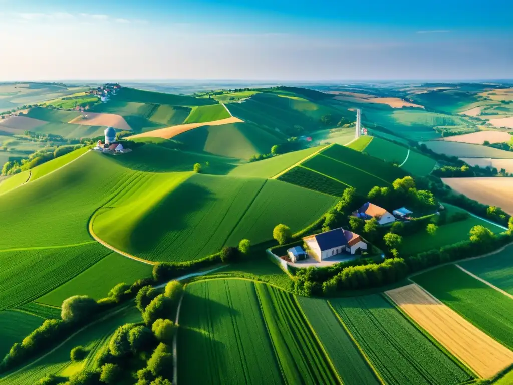 Vista aérea de paisaje rural con pueblo y torres de comunicación, resaltando la importancia del 5G en conectividad rural