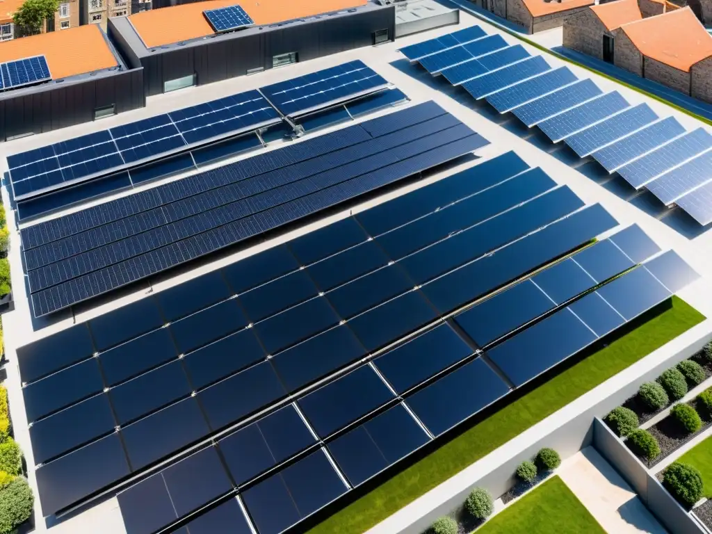 Vista aérea de paneles solares urbanos integrados en edificios, destacando el impacto de paneles solares urbanos en la ciudad moderna