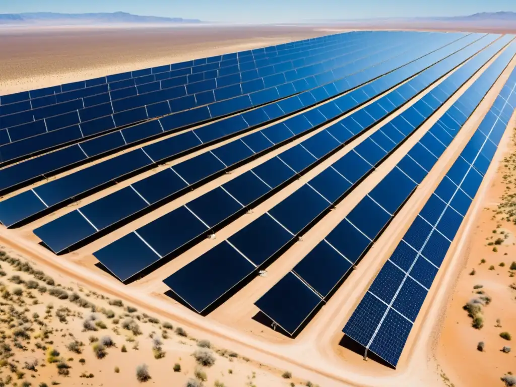 Vista aérea panorámica de un desierto con paneles solares relucientes, simbolizando la transición energética en economías petroleras