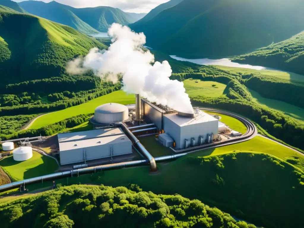 Vista aérea de una planta de energía geotérmica en paisaje montañoso, integración perfecta con entorno natural