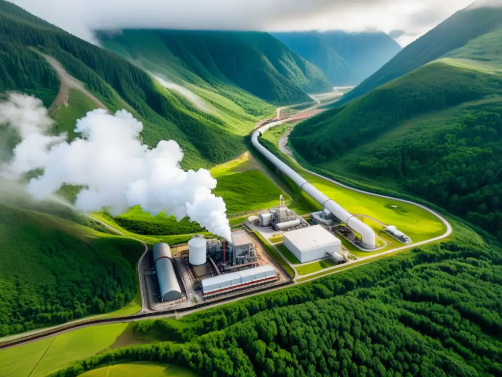 Vista aérea de una planta geotérmica integrada en un paisaje montañoso exuberante, destacando los beneficios de la energía geotérmica mejorada