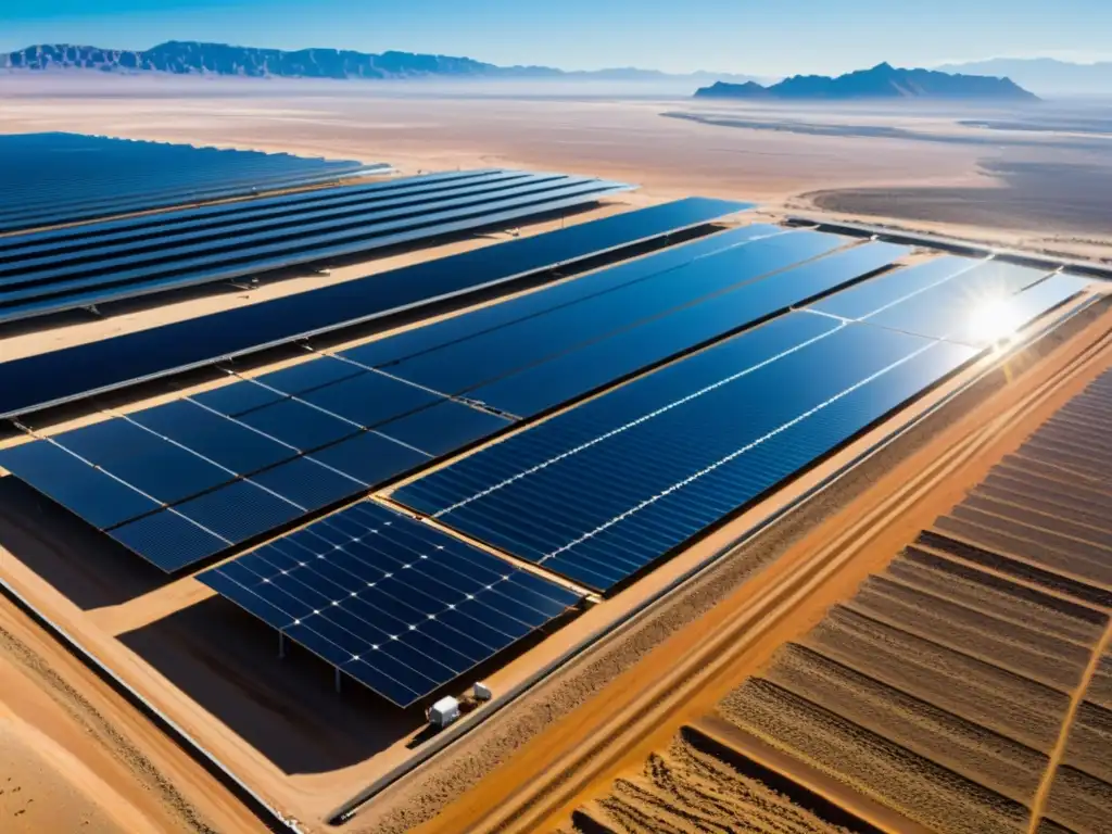 Vista aérea de planta de desalinización solar como solución hídrica, con paneles futuristas brillando en el desierto