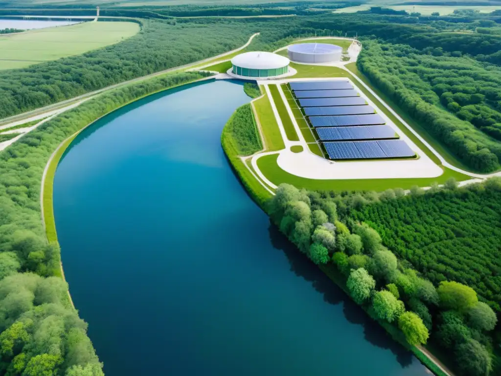 Vista aérea de planta tratamiento agua moderna rodeada de naturaleza exuberante y ríos claros