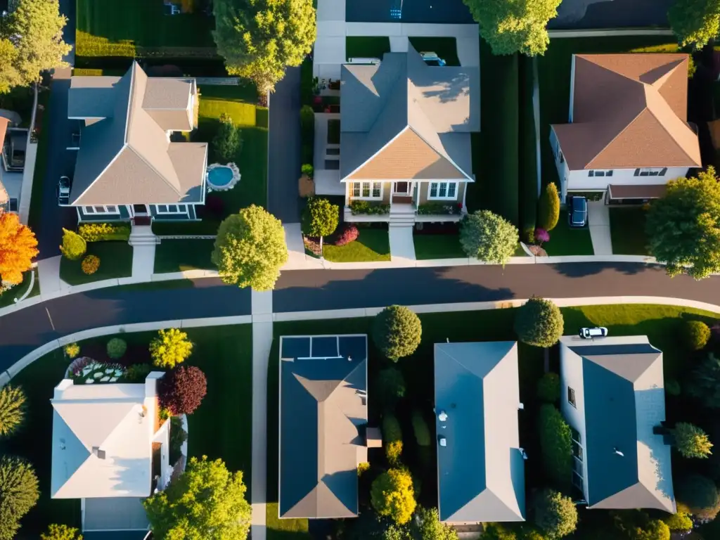 Vista aérea de vecindario suburbano con drone capturando momento íntimo en casa al atardecer