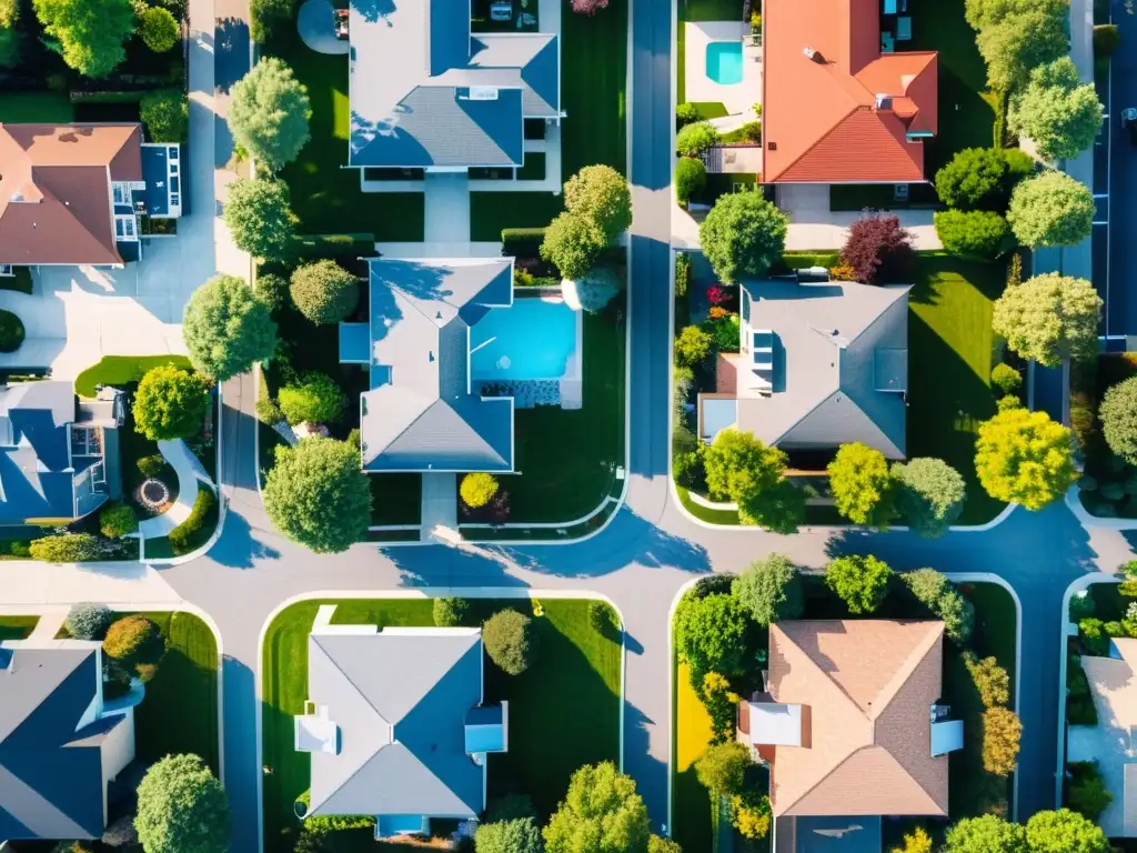 Vista aérea de un vecindario suburbano tranquilo con un dron sobrevolando