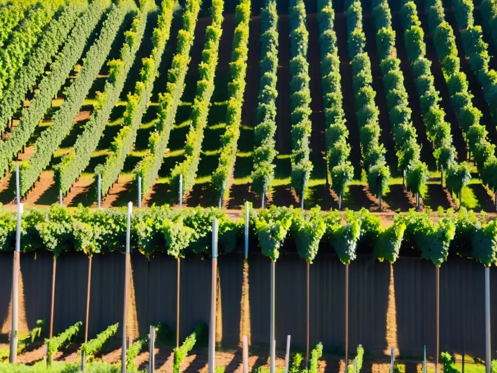 Vista aérea de un viñedo con robótica en viñedos, donde la tecnología se integra de forma armoniosa en el proceso vitivinícola tradicional