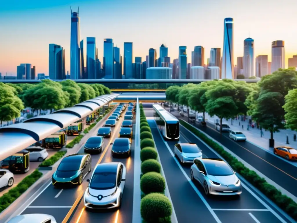 Vista de una bulliciosa calle de la ciudad llena de vehículos eléctricos, mostrando tecnología limpia e impacto en la industria energética