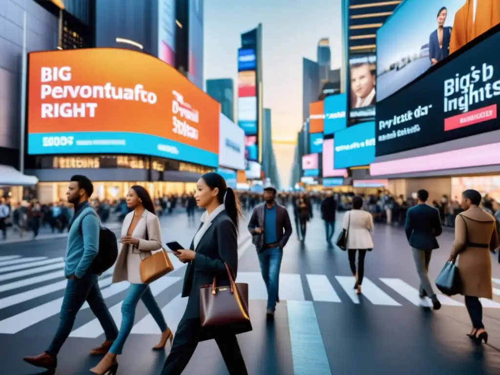 Vista de una calle bulliciosa en la ciudad con vallas publicitarias digitales mostrando anuncios personalizados, mientras las personas caminan con rostros borrosos, representando los desafíos de la privacidad en Big Data e IA