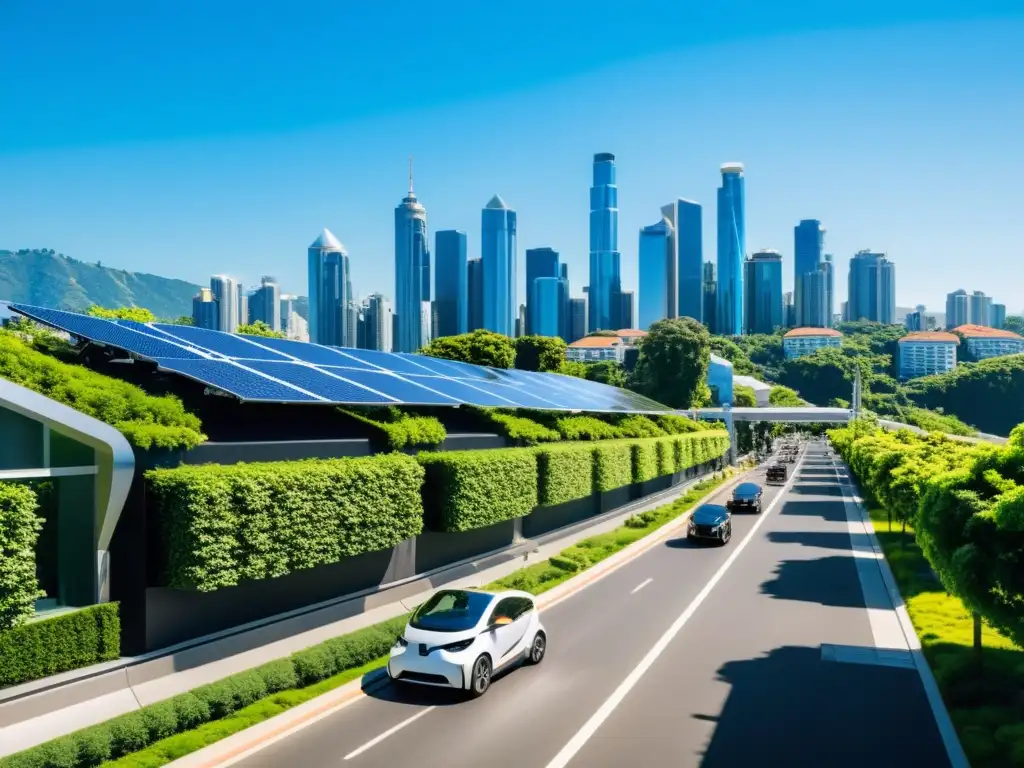 Vista de una calle de ciudad bulliciosa con edificios futuristas, tecnología ecológica y cielo azul