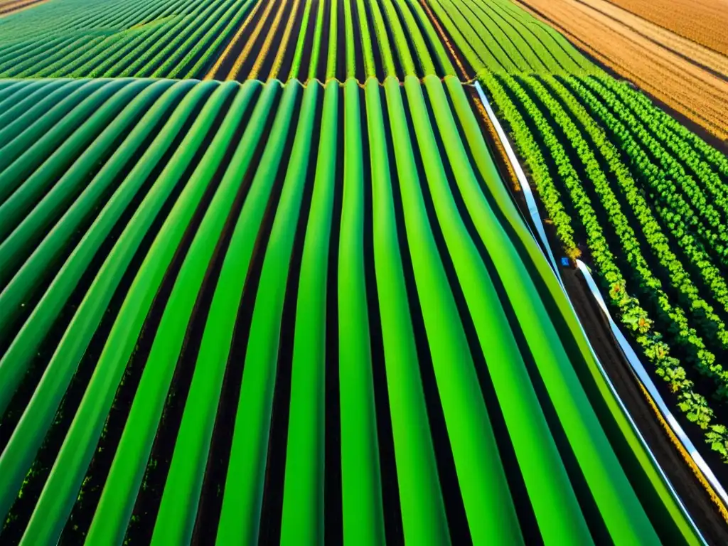 Vista de campo agrícola hightech con IoT, destacando la integración de tecnología en la agricultura