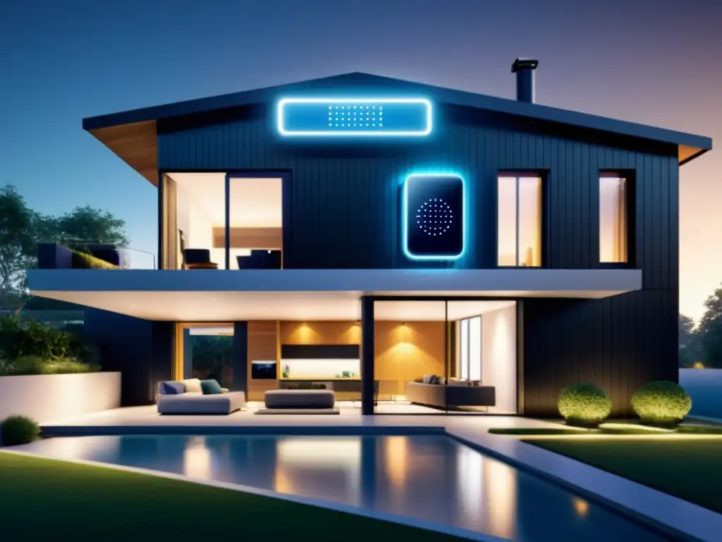 Vista de una casa inteligente moderna con dispositivos IoT para gestión eficiente de energía, diseño futurista y elementos energéticamente eficientes