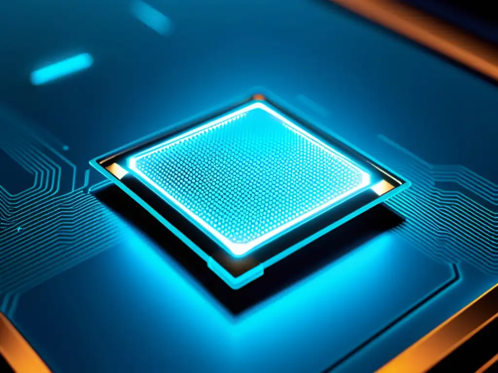 Vista cercana de un nanochip de última generación, iluminado por un suave resplandor azul