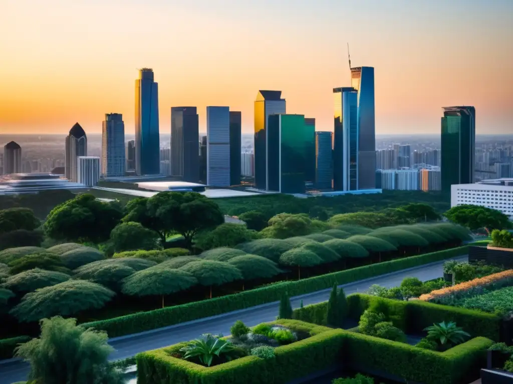 Vista de la ciudad al atardecer, con rascacielos modernos reflejando la luz dorada del sol