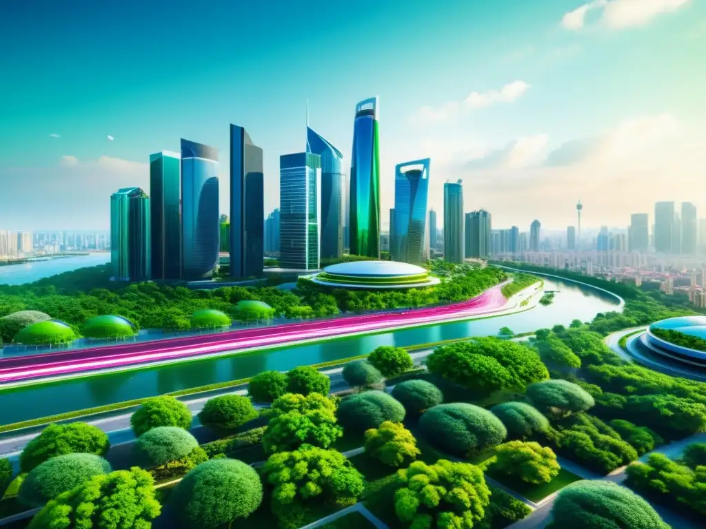 Vista de la ciudad futurista integrando IoT en mitigación cambio climático con edificios modernos y espacios verdes