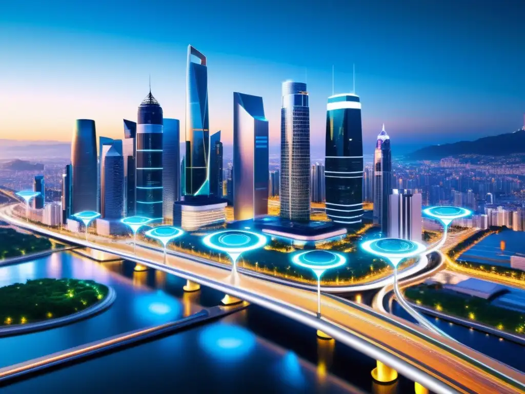 Smart city futurista con IoT seguro Vista de una ciudad futurista con dispositivos IoT integrados, enfocada en la seguridad para mitigar el impacto de las fugas de información