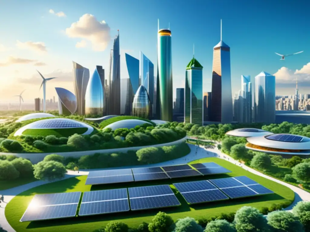 Vista de una ciudad futurista con edificios altos, paneles solares y turbinas eólicas integradas