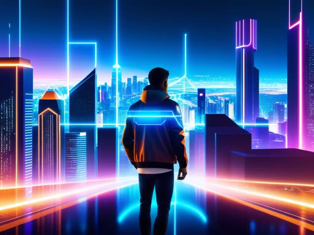 Vista de una ciudad futurista iluminada con luces de neón, simbolizando la seguridad inquebrantable con blockchain y IoT