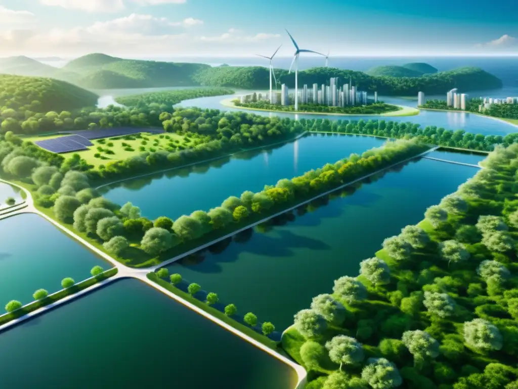 Vista de una ciudad futurista con infraestructura verde integrada, rodeada de bosques exuberantes y cuerpos de agua cristalina