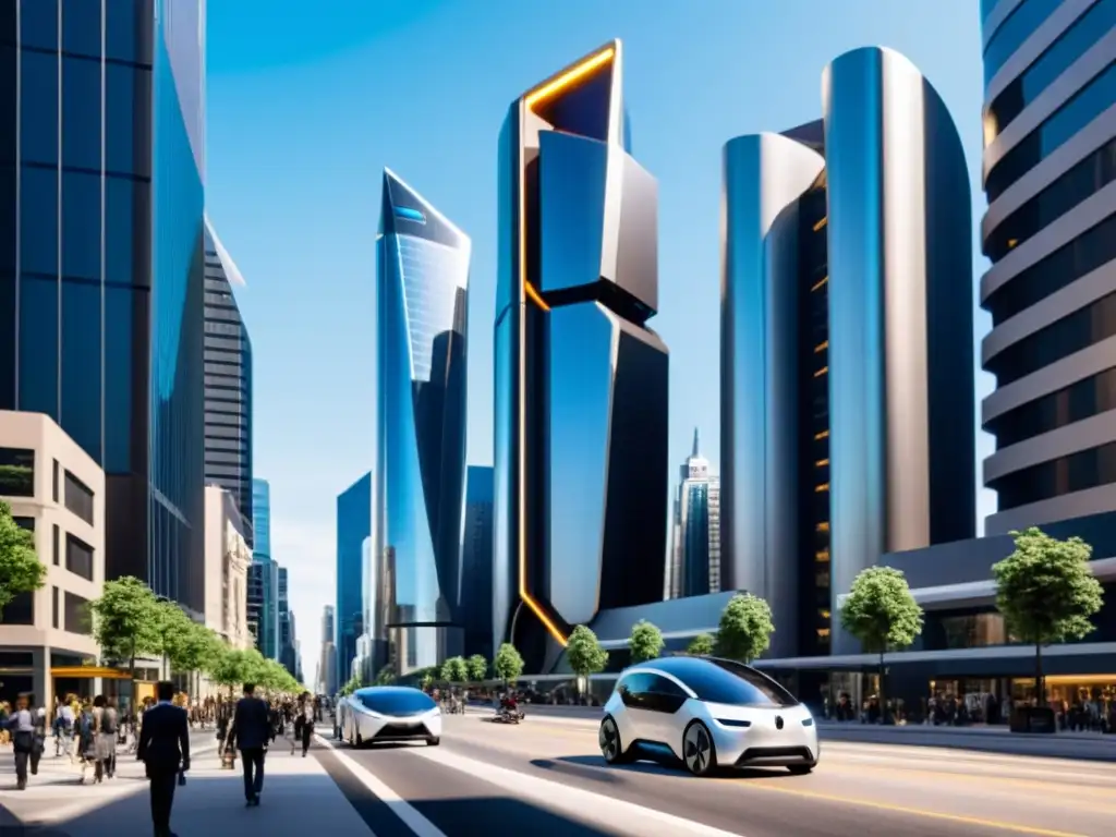 Metrópolis futurista: robots, drones y autos autónomos en la vida urbana Vista de la ciudad futurista con integración de inteligencia artificial en el empleo, robots y drones junto a empleados humanos