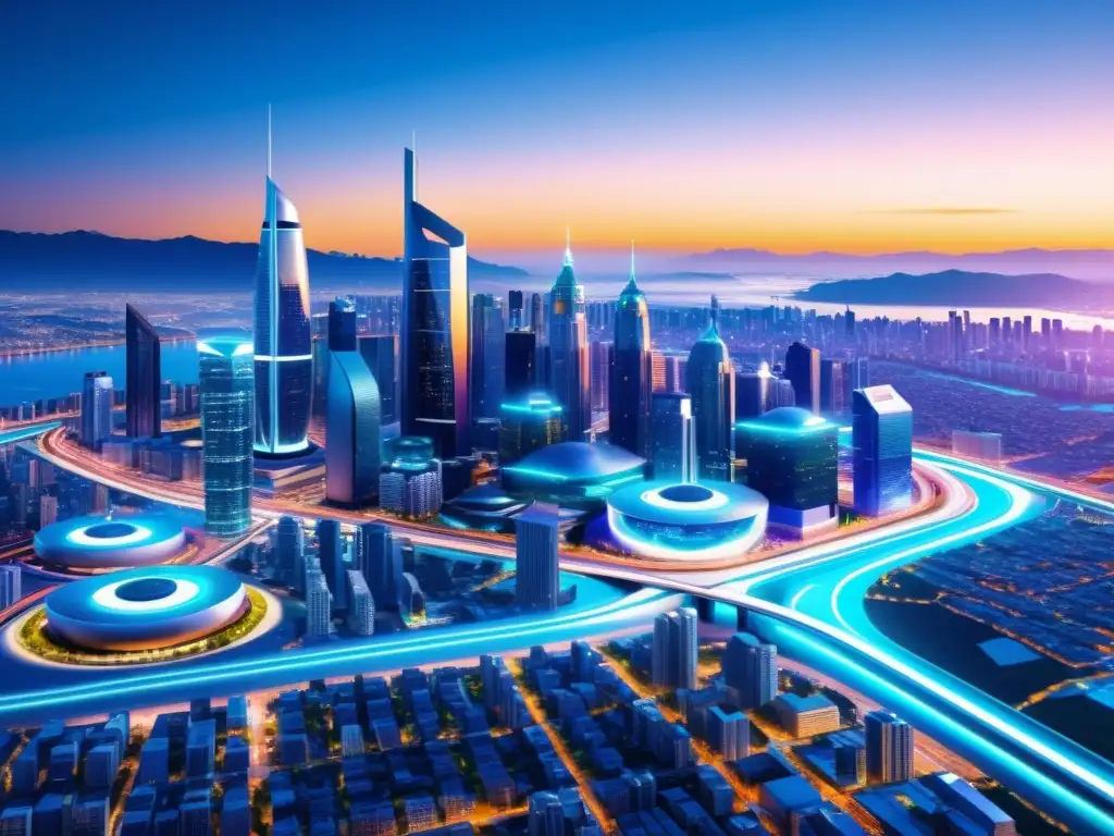 Smart city del futuro: IoT transformando entornos urbanos Vista de una ciudad futurista inteligente con dispositivos IoT integrados, mostrando aplicaciones impactantes del IoT en entornos urbanos