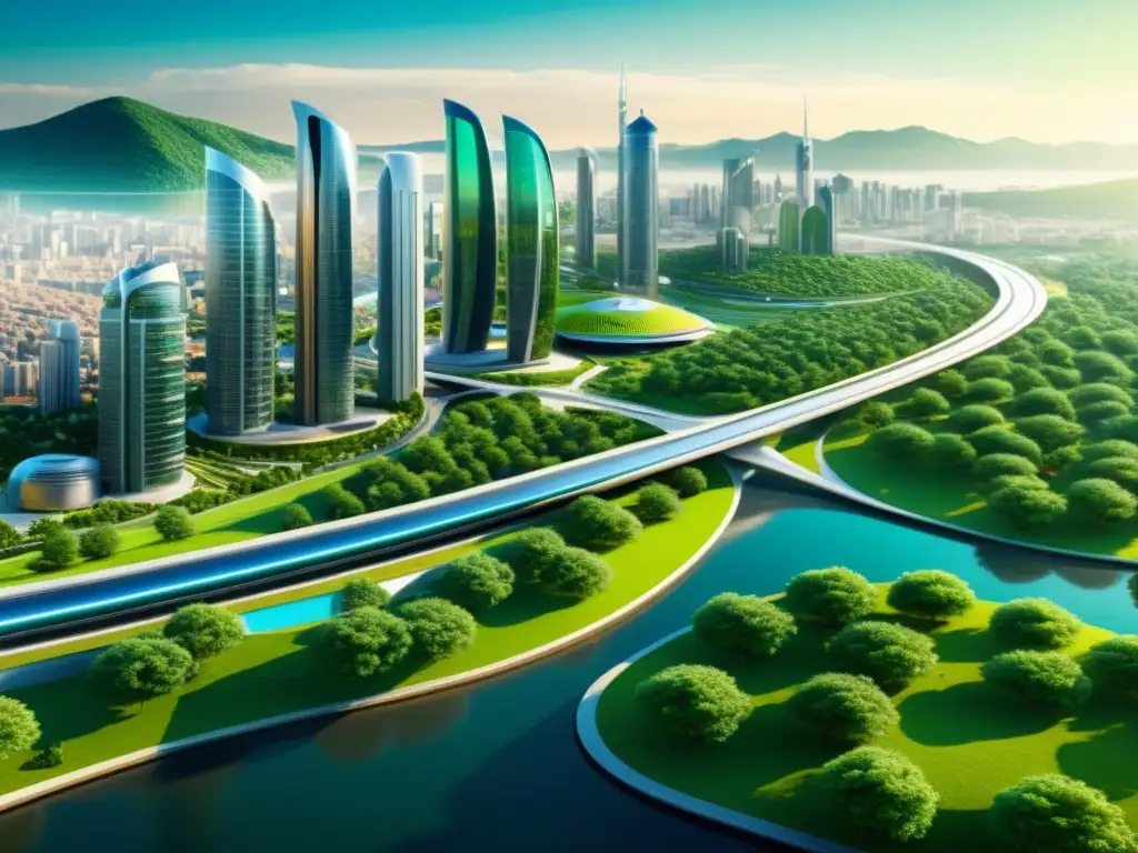 Vista de una ciudad futurista sostenible con turismo inteligente y arquitectura moderna, integrando tecnología y espacios verdes