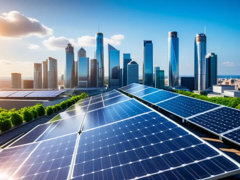 Vista de la ciudad moderna con paneles solares en los techos, simbolizando el modelo económico de prosumidores de energía