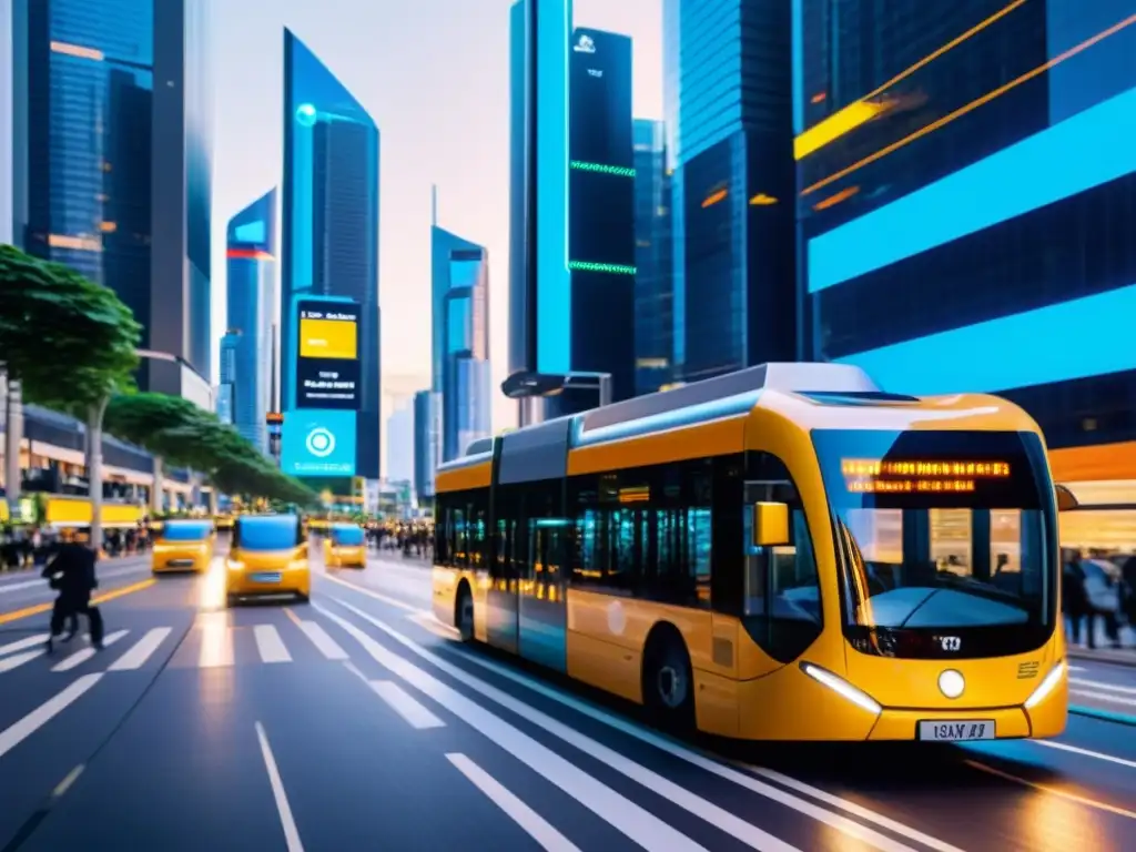 Vista de la ciudad moderna con transporte público futurista y tecnología IoT integrada