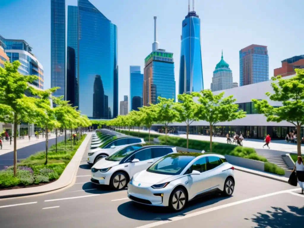 Escena urbana sostenible: vehículos eléctricos y arquitectura verde Vista de una ciudad próspera y sostenible con vehículos eléctricos, edificios verdes y una economía circular casos exitosos