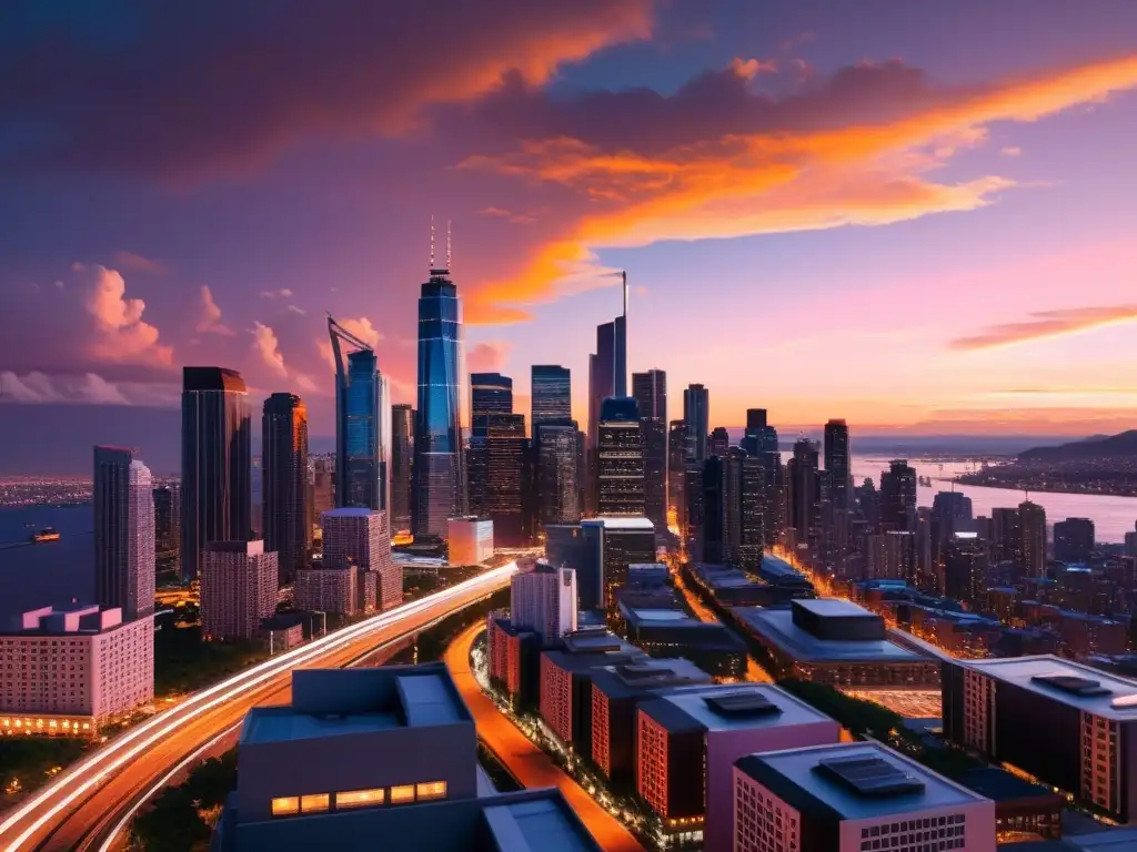 Vista de la ciudad al anochecer con rascacielos iluminados, simbolizando la transición energética en economías petroleras