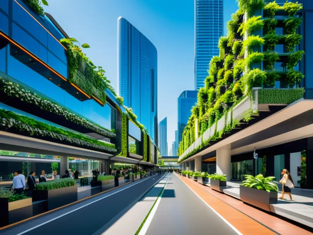 Vista de una ciudad vibrante con tecnología para ciudades inteligentes sostenibles, infraestructura verde y transporte público eficiente