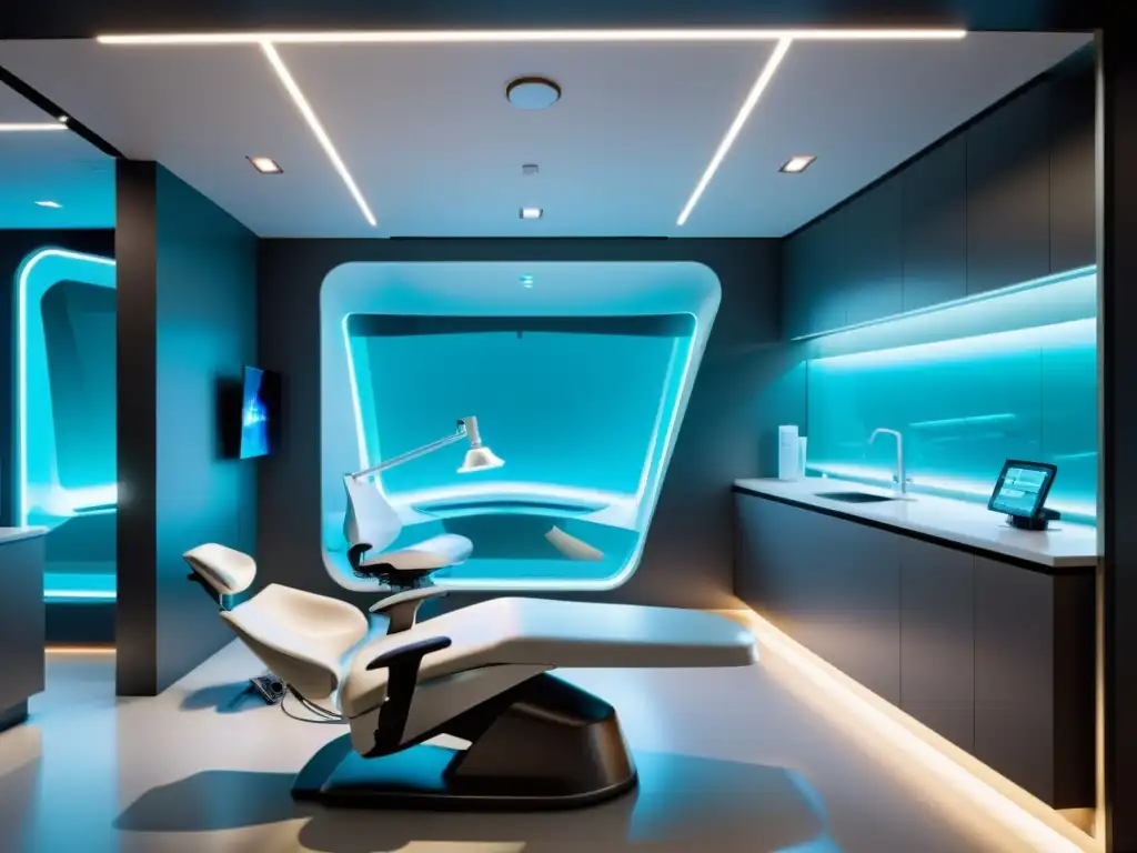 Vista de clínica dental futurista con tecnología atómica de nanomedicina odontológica, iluminada en tonos modernos y acogedores