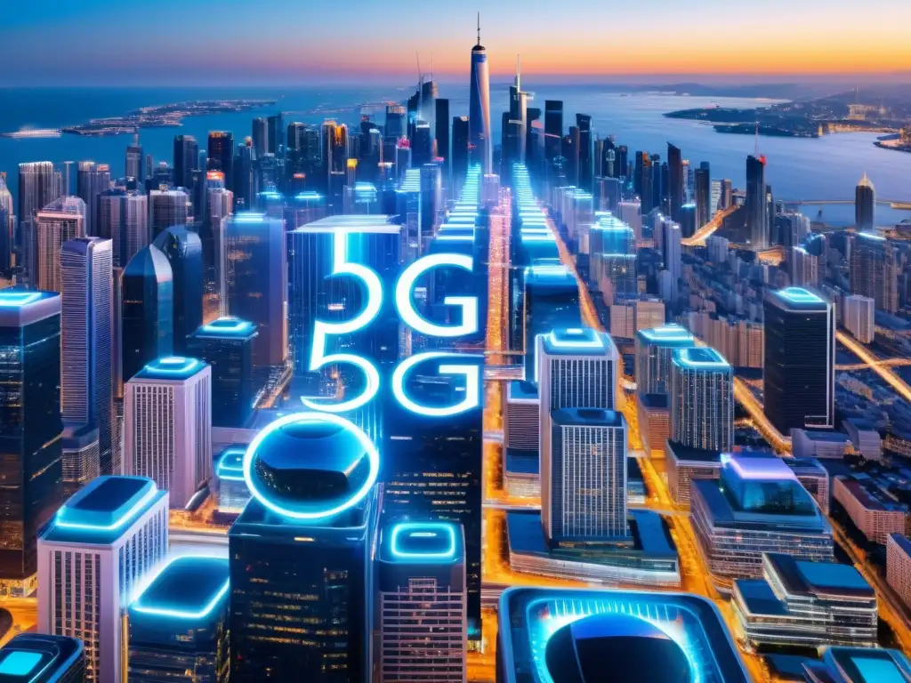 Vista detallada de una ciudad futurista con torres 5G integradas entre rascacielos, simbolizando el impacto del 5G en redes sociales