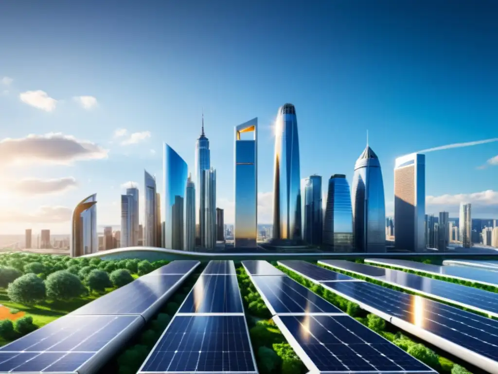 Vista detallada de una ciudad futurista con rascacielos modernos y paneles solares orgánicos, mostrando innovación sostenible urbana