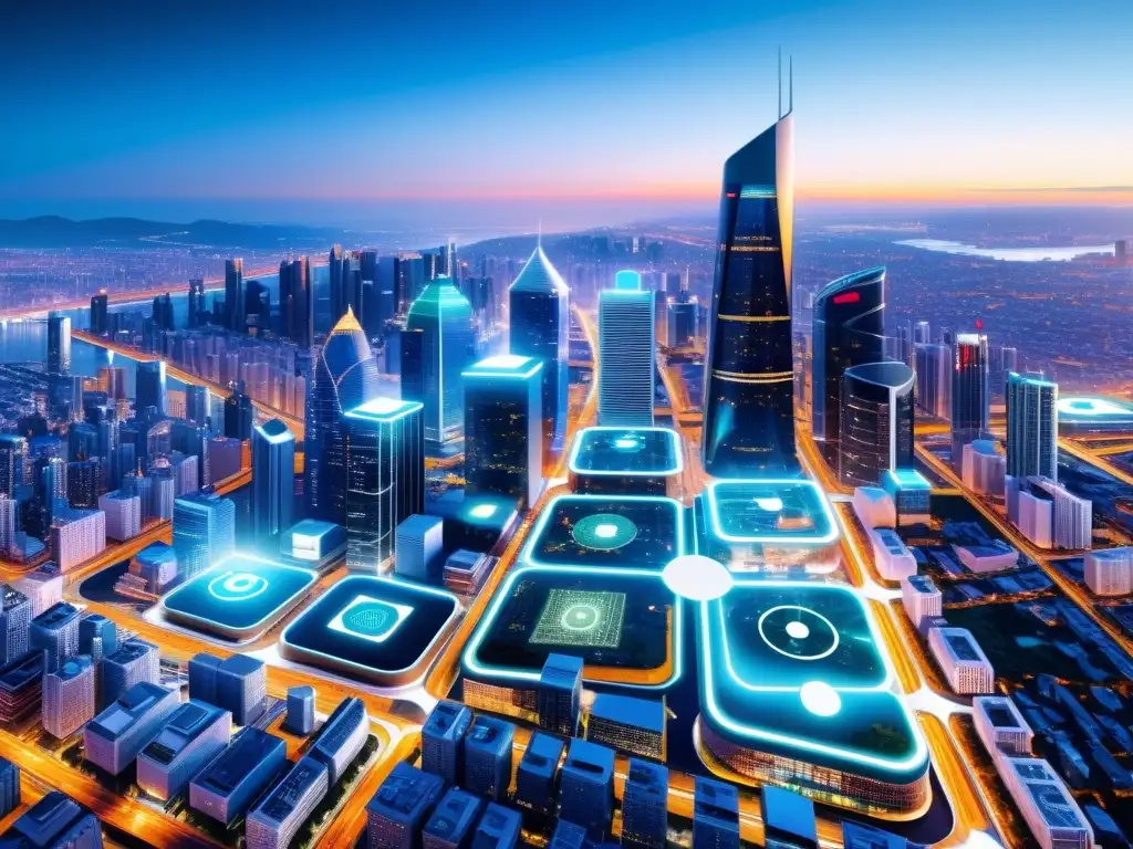 Metrópolis Futurista: Integración de IoT en la Ciudad Vista detallada de la ciudad futurista con edificios inteligentes y tecnología IoT, resaltando la responsabilidad ética en la IoT