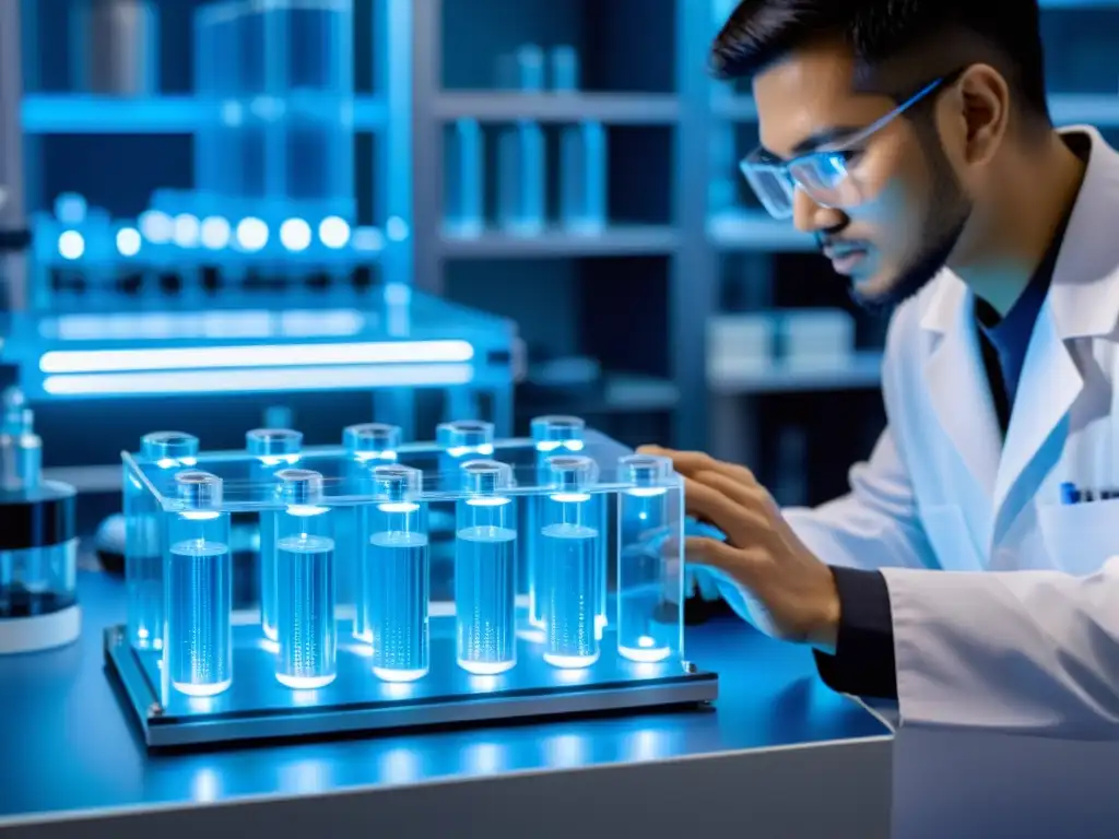 Vista detallada de nanobaterías para energía sostenible en laboratorio de alta tecnología, iluminadas con luz azul futurista