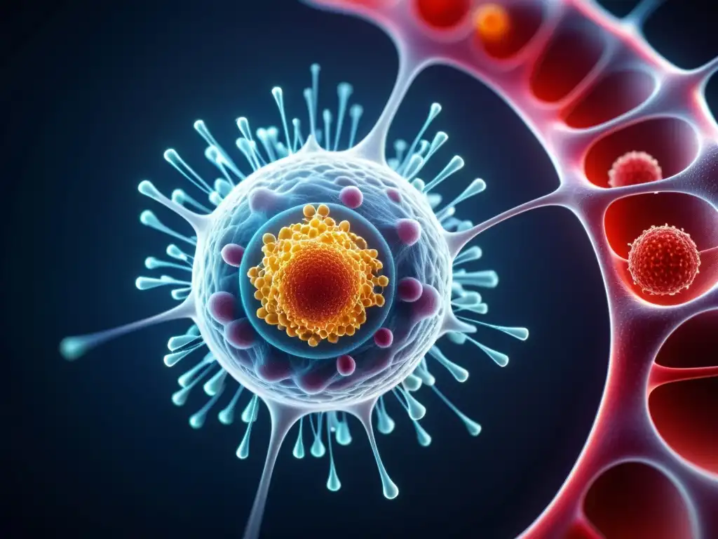 Vista detallada de nanocápsulas liberando fármacos en el cuerpo humano, con células y vasos sanguíneos interconectados