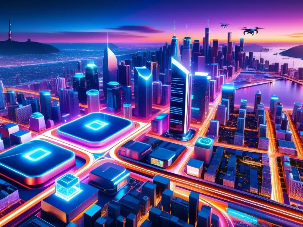 Vista detallada de una futurista ciudad con infraestructura 5G integrada y regulaciones ciberseguridad para redes 5G